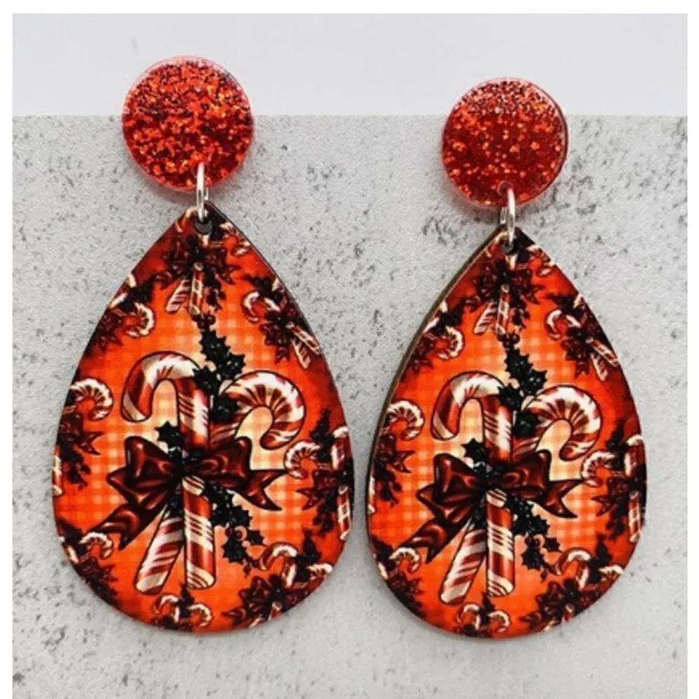 Wooden Water Drop Earrings ￼Candy Canes Red & White